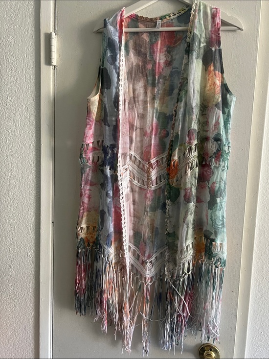 Lapis Jackets & Blazers - Lapis Multicolor Floral Fringe Sleeveless Kimono Boho Cottagecore